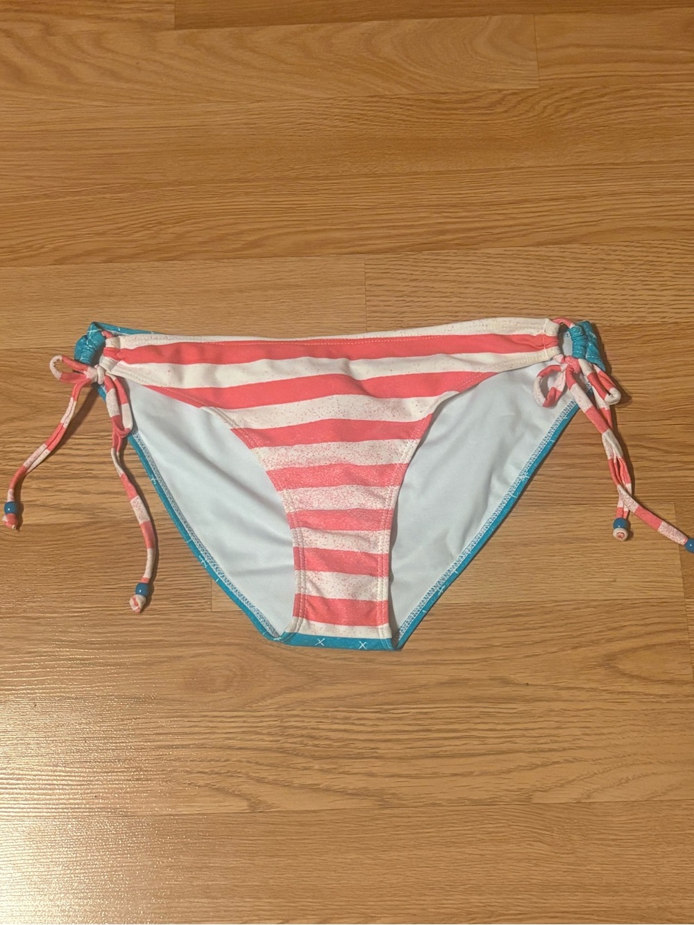 Zumiez Girls Pink and White Striped Swim Bottom with Teal Trim